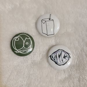 Lot Of 3 - 1 inch button pins, Juicebox, Sharp Teeth, Doodle, Art,  Skateboard